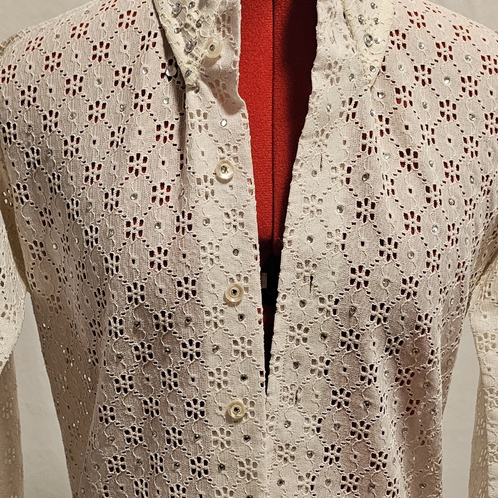 Size Small Vintage Oleg Cassini Eyelet Lace Blouse - Picture 5 of 6